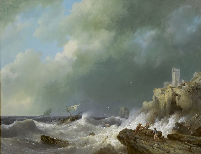 Hermanus Koekkoek | Schipbreuk voor een rotskust, olieverf op paneel, 42,5 x 55,5 cm, gesigneerd r.o. en gedateerd 1834