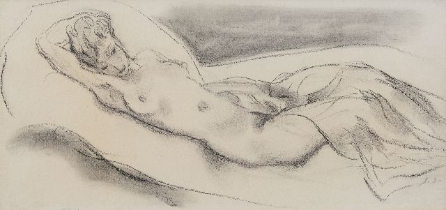 Jan Sluijters | Liggend naakt, houtskool op papier, 25,0 x 50,0 cm, gesigneerd r.o. met initialen en te dateren ca. 1943