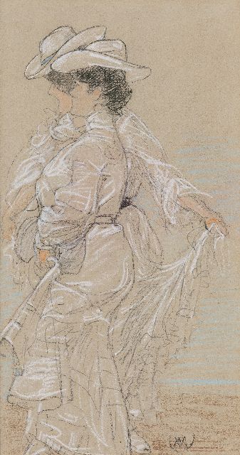 Willem Vaarzon Morel | Twee dames aan het strand, potlood en pastel op papier, 31,6 x 17,8 cm, gesigneerd r.o. met monogram