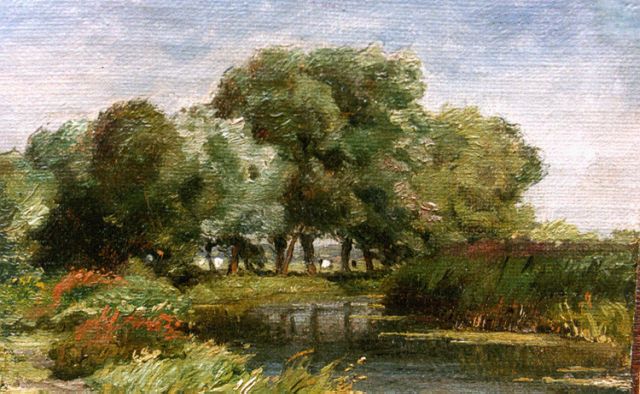 Jan Willem van Borselen | Boomrijk rivierlandschap, olieverf op doek op paneel, 12,8 x 19,4 cm, gesigneerd r.o.vaag