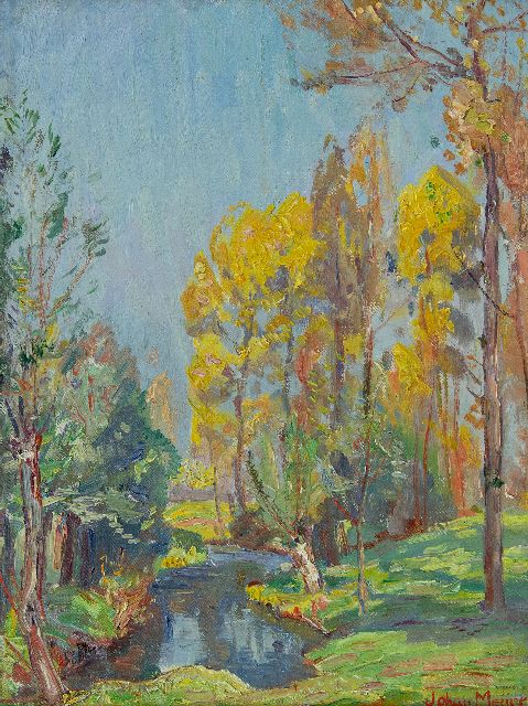Johan Meijer | Zonnig herfstbos, olieverf op doek op board, 29,1 x 22,3 cm, gesigneerd r.o.