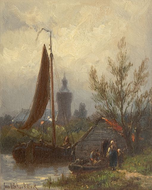 Jan H.B. Koekkoek | Vaartje met schuiten en figuren, olieverf op paneel, 11,4 x 9,3 cm, gesigneerd l.o.