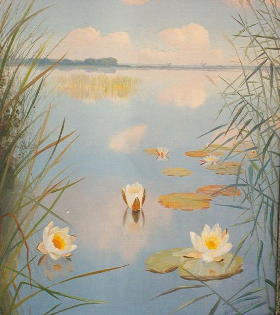 Dirk Smorenberg | Waterlelies, olieverf op doek, 50,0 x 45,0 cm, gesigneerd r.o.