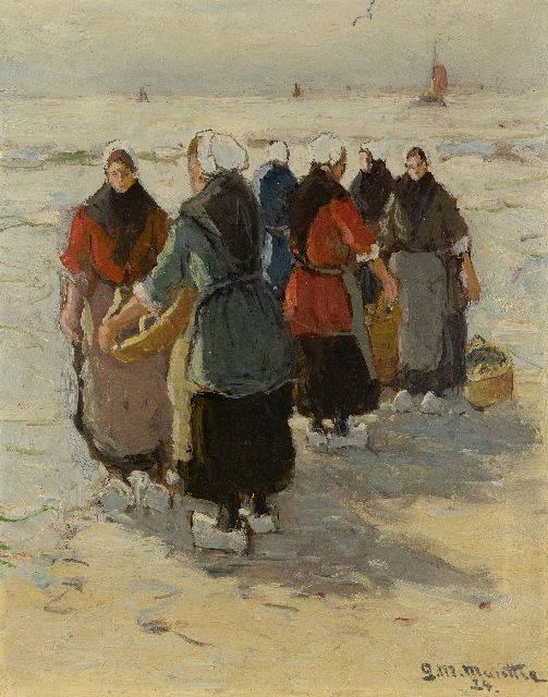 Morgenstjerne Munthe | Wachten op de vangst op het strand te Katwijk, olieverf op board, 32,4 x 26,4 cm, gesigneerd r.o. en gedateerd '24