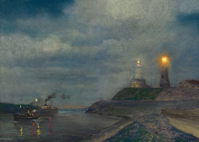 Herman Heijenbrock | Havenmond van IJmuiden in de avond met de vuurtoren en semafoor, pastel op papier, 64,5 x 86,5 cm, gesigneerd l.o.