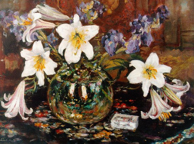 Evert Moll | Stilleven met lelies in glazen vaas, olieverf op doek, 60,0 x 80,1 cm, gesigneerd l.o.