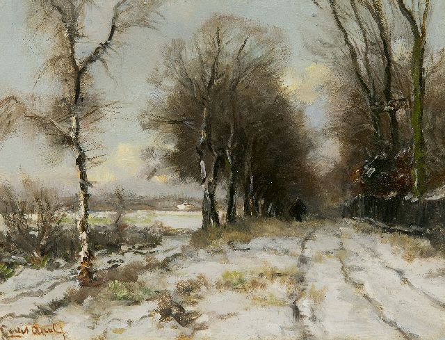 Louis Apol | Houtsprokkelaarster op een besneeuw pad, olieverf op paneel, 21,8 x 28,1 cm, gesigneerd l.o.