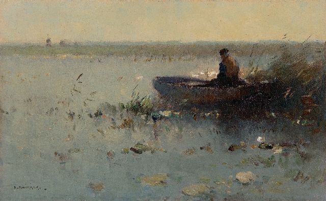 Aris Knikker | Visser in roeibootje tussen het riet, olieverf op paneel, 22,0 x 35,0 cm, gesigneerd l.o. en zonder lijst