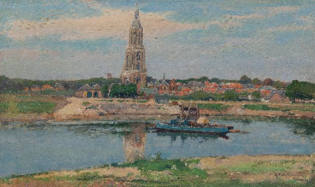 Gerbrand Frederik van Schagen | Gezicht op Rhenen met de Cunerakerk, het Rhenense veer op de voorgrond, olieverf op doek, 38,4 x 64,8 cm, gesigneerd r.o. en gedateerd 1929, niet ingelijst