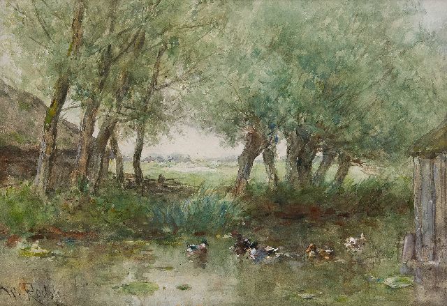 Willem Roelofs | Eenden in een sloot onder de wilgen, aquarel op papier, 33,7 x 47,9 cm, gesigneerd l.o.