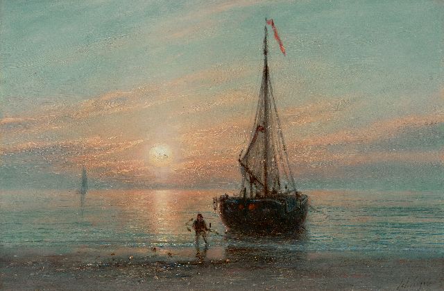 Petrus Paulus Schiedges | Teruggekeerde vissersschuit bij zonsondergang, olieverf op paneel, 18,7 x 27,9 cm, gesigneerd r.o. en gedateerd '65