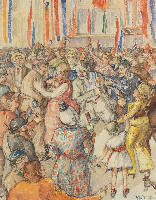Anne Jan Pelsma | Oranjefeest, krijt en aquarel op papier, 29,5 x 23,5 cm, gesigneerd r.o.