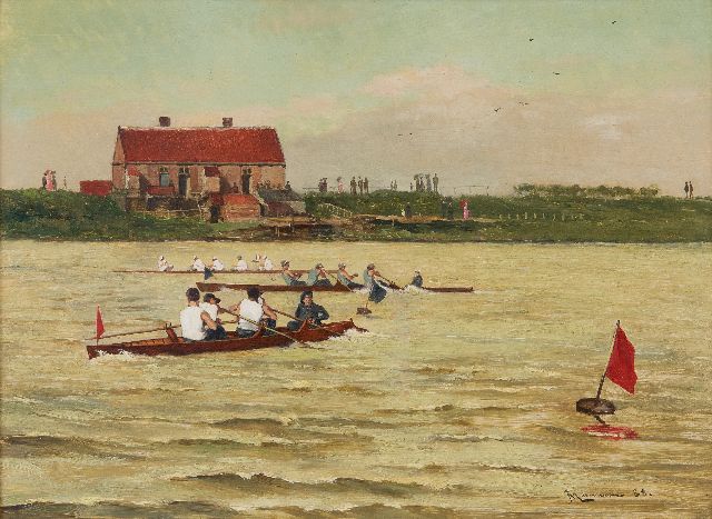 Moerman J.L.  | Roeiwedstrijd van gestuurde vier, olieverf op paneel 24,5 x 33,1 cm, gesigneerd r.o. en gedateerd '88