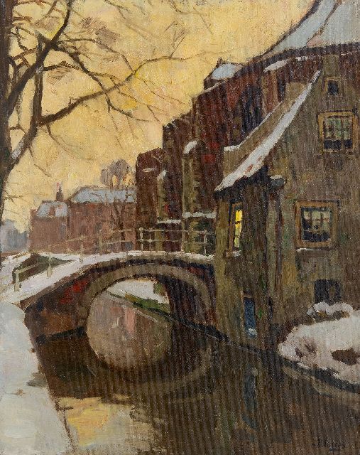 Ben Viegers | Winters gezicht op de Nieuwe Kerk en de Vrouwe van Rijnsburgerbrug te Delft, olieverf op doek, 50,1 x 40,0 cm, gesigneerd r.o.
