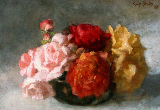 Georg Rueter | Rozen in een vaas, olieverf op doek, 28,0 x 39,3 cm, gesigneerd r.b. en gedateerd '58