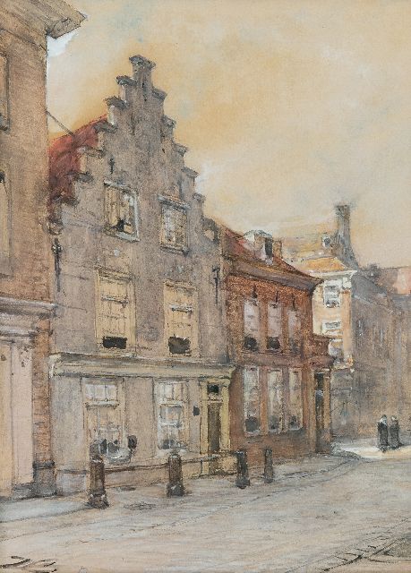 Bosboom J.  | Gezicht op het Huis der Samenkomsten van de Doopsgezinden in Den Haag, aquarel op papier 30,9 x 22,7 cm, gesigneerd l.o. met initialen