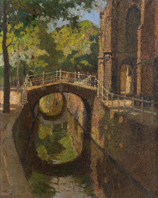 Ben Viegers | Zomers gezicht op de Bartholomeusbrug  in Delft, olieverf op doek, 50,2 x 40,3 cm, gesigneerd l.o.
