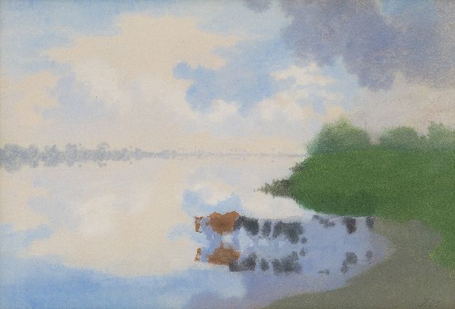 Jan Voerman sr. | Wadend vee, aquarel op papier, 27,3 x 39,7 cm, gesigneerd r.o. met initialen en te dateren ca. 1884-1904