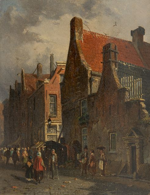 Adrianus Eversen | Hollands stadsgezicht, olieverf op paneel, 19,5 x 15,5 cm, gesigneerd l.o. met monogram en verso op etiket voluit