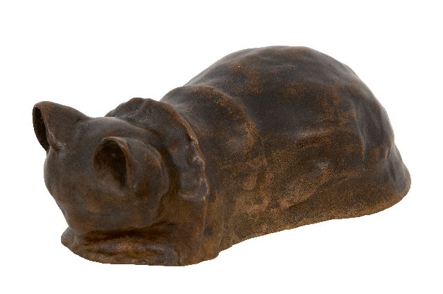 Eugenia Zink Everett | Spinnende poes, brons, 9,0 x 20,0 cm, gesigneerd op de onderkant en gedateerd 1937