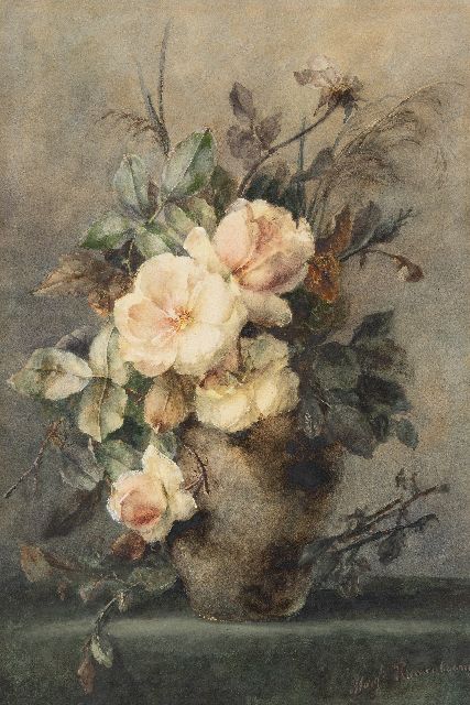 Margaretha Roosenboom | Roze rozen in stenen vaas, aquarel op papier, 65,4 x 43,4 cm, gesigneerd r.o.