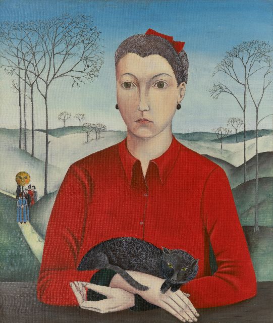 Dieter Matthäus | Vrouw in rode blouse met kat, olieverf op doek, 65,2 x 55,3 cm, gesigneerd verso en verso gedateerd 9 november 1964