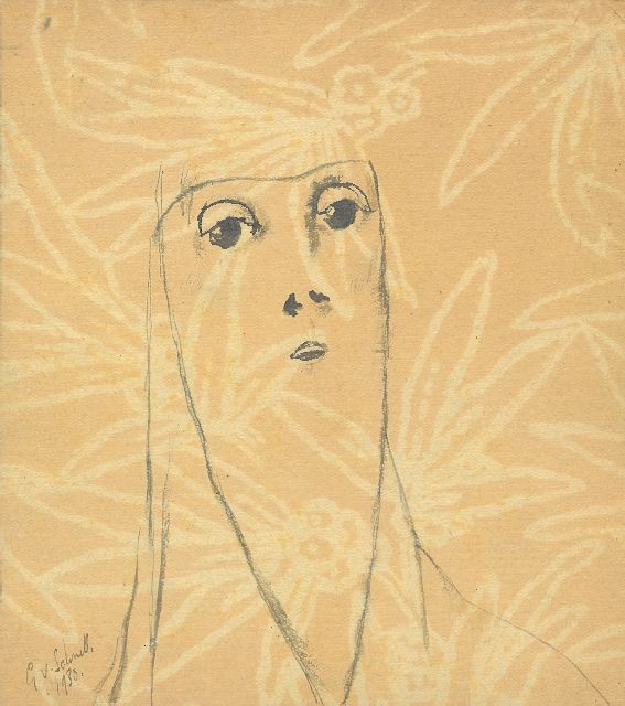 Gabriel van Schnell | Gezicht met punt naar beneden, inkt op papier, 17,3 x 15,5 cm, gesigneerd l.o. en gedateerd 1930, zonder lijst