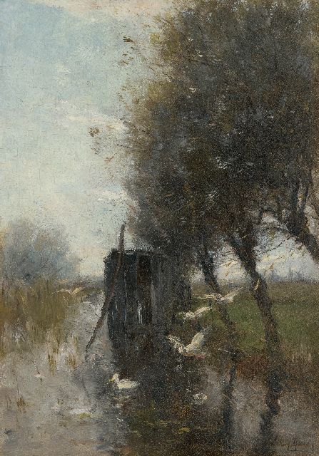 Willem Maris | Eenden, neerstrijkend op een poldervaart, olieverf op paneel, 36,6 x 25,7 cm, gesigneerd r.o.