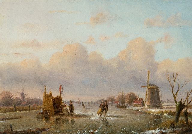 Everardus Mirani | Winterlandschap met schaatsers en volk bij een koek-en-zopietent (alleen tezamen met 22135-zomer), olieverf op paneel, 12,9 x 18,1 cm, gesigneerd l.o. (resten)