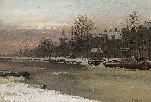 Karel Klinkenberg | Hollandse gracht in de winter, olieverf op glas, 30,3 x 45,2 cm, gesigneerd r.o.