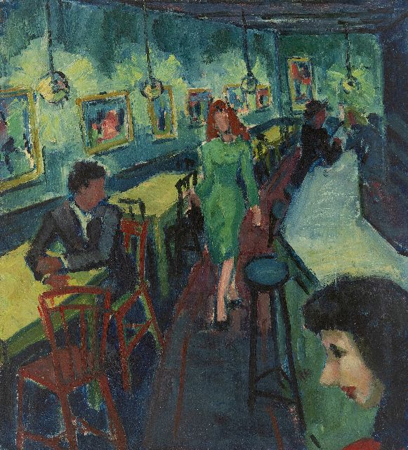 Rien Goené | Café in Parijs, olieverf op doek, 45,3 x 40,2 cm, gesigneerd r.o. met initialen en te dateren 1957, zonder lijst