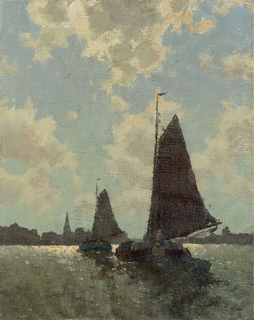 Egnatius Ydema | Twee tjalken varend bij tegenlicht, bij Eernewoude, olieverf op doek, 50,5 x 40,3 cm, gesigneerd r.o.