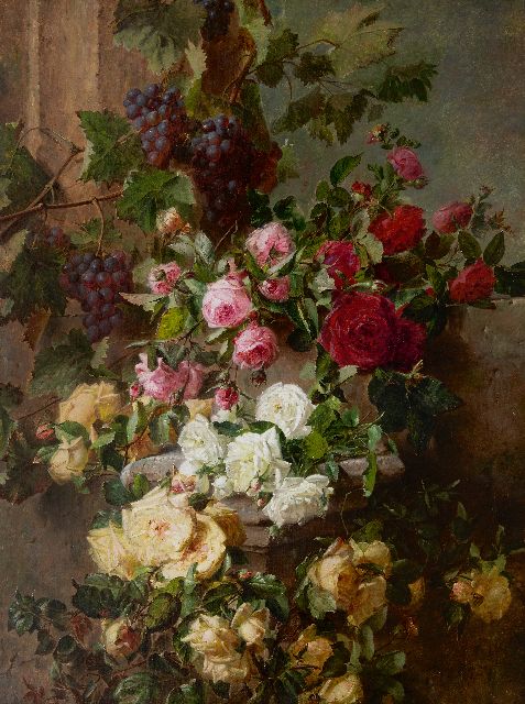 Adriana Haanen | Stilleven met rozen en druiven, olieverf op doek, 101,6 x 76,5 cm, gesigneerd r.o. en gedateerd 1874
