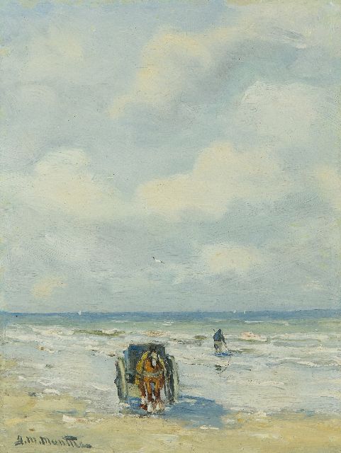 Morgenstjerne Munthe | Schelpenvisser in de branding, olieverf op schildersboard, 19,9 x 14,9 cm, gesigneerd l.o.