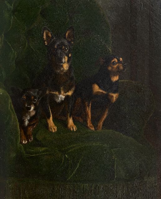 August Le Gras | Drie dwergpinchers in groene stoel, olieverf op doek, 81,2 x 65,5 cm, gesigneerd r.m. en gedateerd 1888