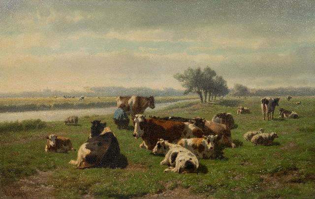 Hendrik Savrij | Melktijd, olieverf op doek, 50,8 x 80,5 cm, gesigneerd l.o.