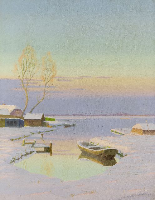 Dirk Smorenberg | De Loosdrechtse Plassen in de winter bij avondlicht, olieverf op doek, 53,3 x 41,5 cm, gesigneerd r.o.
