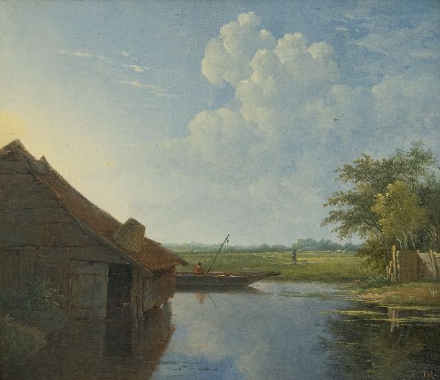 Johannes Hilverdink | Polderlandschap met hengelaar, olieverf op paneel, 20,8 x 23,7 cm, gesigneerd r.o. met initialen