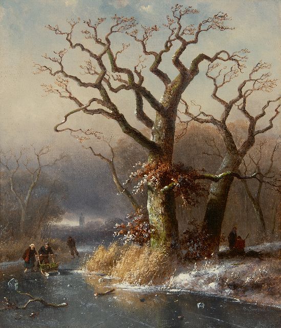 Charles Leickert | IJsgezicht met houtsprokkelaars, olieverf op doek, 40,2 x 35,0 cm, gesigneerd r.o. en gedateerd '63