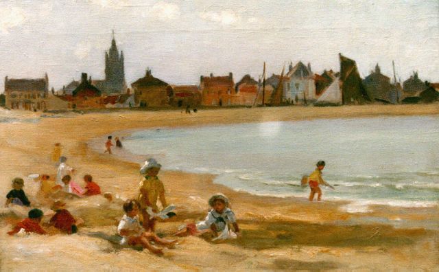 Paul Michel Dupuy | Zandkastelen bouwen op het strand van Gravelines, olieverf op doek, 31,5 x 46,2 cm, gesigneerd l.o.