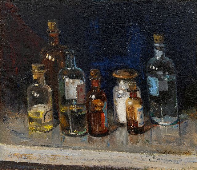 Frans Helfferich | Stilleven met flessen, olieverf op doek, 30,2 x 34,5 cm, gesigneerd r.o. en gedateerd 1906