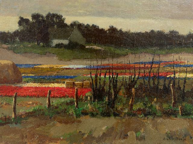Hollandse School, begin 20e eeuw | Bollenvelden, olieverf op doek, 30,5 x 40,4 cm, gesigneerd r.o. (onduidelijk)
