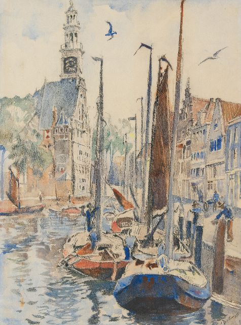 Erasmus Bernhard von Dülmen Krumpelmann | De haven van Hoorn, zwart krijt en aquarel op papier, 75,8 x 57,0 cm, gesigneerd r.o.