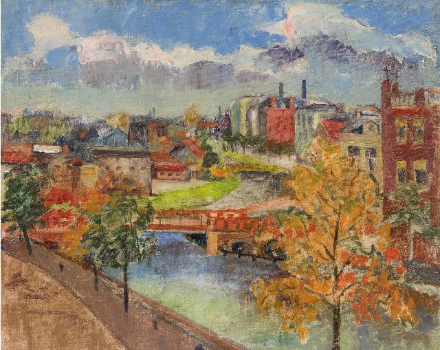 Siep van den Berg | De Eendrachtskade met de basculebrug, Groningen, olieverf op doek op board, 40,0 x 49,9 cm, gesigneerd verso