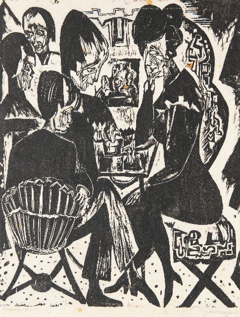 Jan Wiegers | Schaakspelers, houtsnede op Japans papier, 61,5 x 49,8 cm, gesigneerd r.o. (in potlood) en te dateren ca. 1920