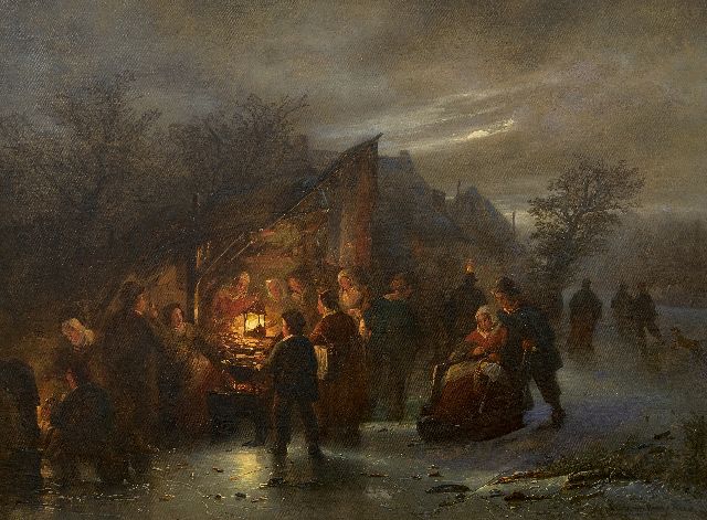 Gillis Haanen | Avondlijk ijsvermaak bij een koek-en-zopie, olieverf op doek, 45,2 x 60,3 cm, gesigneerd r.o. en zonder lijst