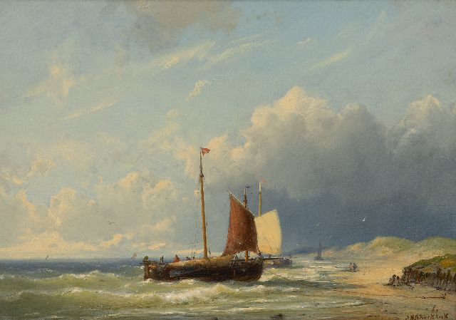 Jan H.B. Koekkoek | Vissersschuiten bij het strand, olieverf op paneel, 27,2 x 38,9 cm, gesigneerd r.o. en gedateerd '60