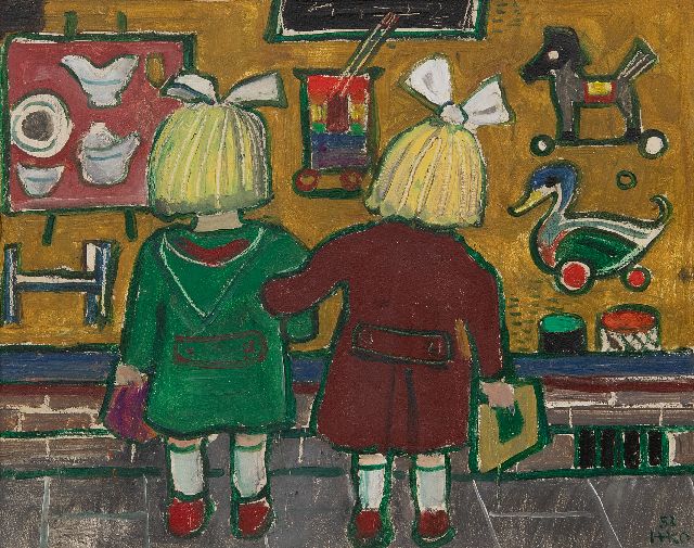 Harm Kamerlingh Onnes | Kinderen voor de etalage van een speelgoedwinkel, olieverf op board, 23,7 x 29,7 cm, gesigneerd r.o. met monogram en gedateerd '53