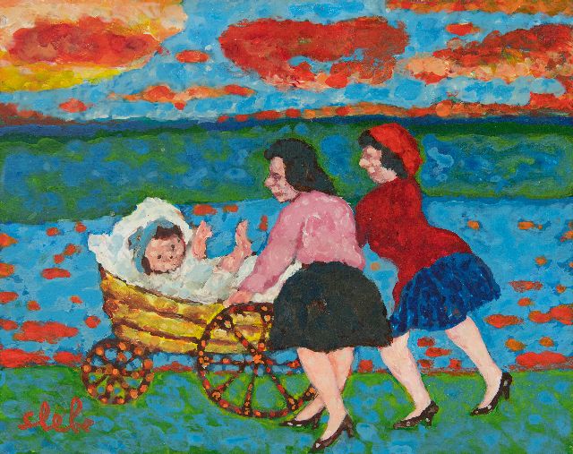 Ferry Slebe | Wandeling met de kinderwagen, olieverf op board, 19,1 x 24,1 cm, gesigneerd l.o. en verso op etiket