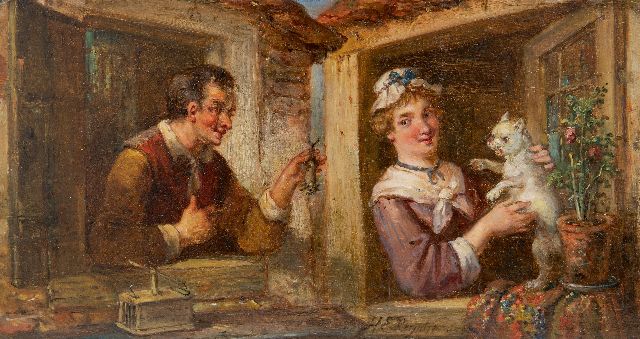 Henricus Engelbertus Reijntjens | Het kat-en-muisspel, olieverf op paneel, 15,0 x 28,1 cm, gesigneerd m.o.
